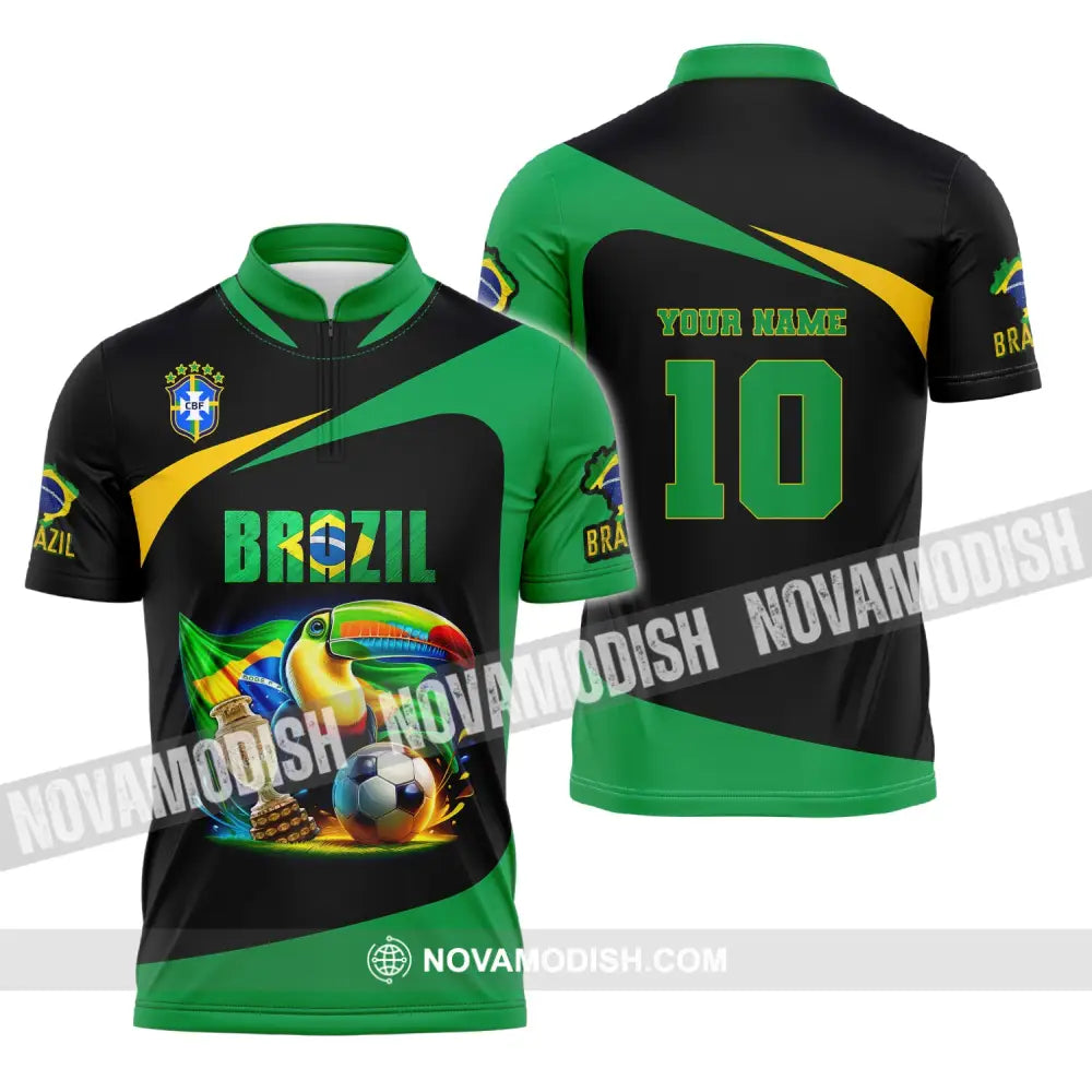 Unisex Shirt Custom Name And Number Brazil Football Euro 2024 Polo Long Sleeve Zipper / S T-Shirt