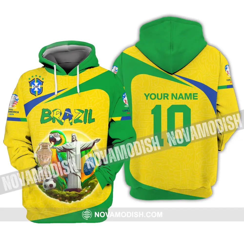 Unisex Shirt Custom Name And Number Brazil Football T-Shirt Copa 2024 Polo Long Sleeve Hoodie / S