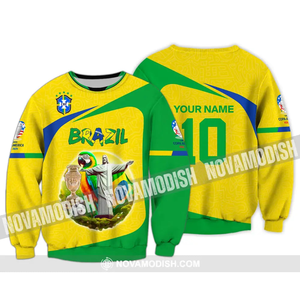 Unisex Shirt Custom Name And Number Brazil Football T-Shirt Copa 2024 Polo Long Sleeve / S