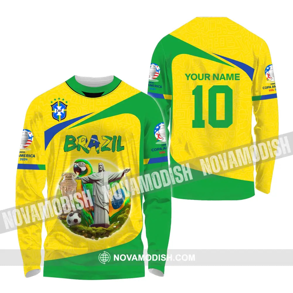 Unisex Shirt Custom Name And Number Brazil Football T-Shirt Copa 2024 Polo Long Sleeve / S