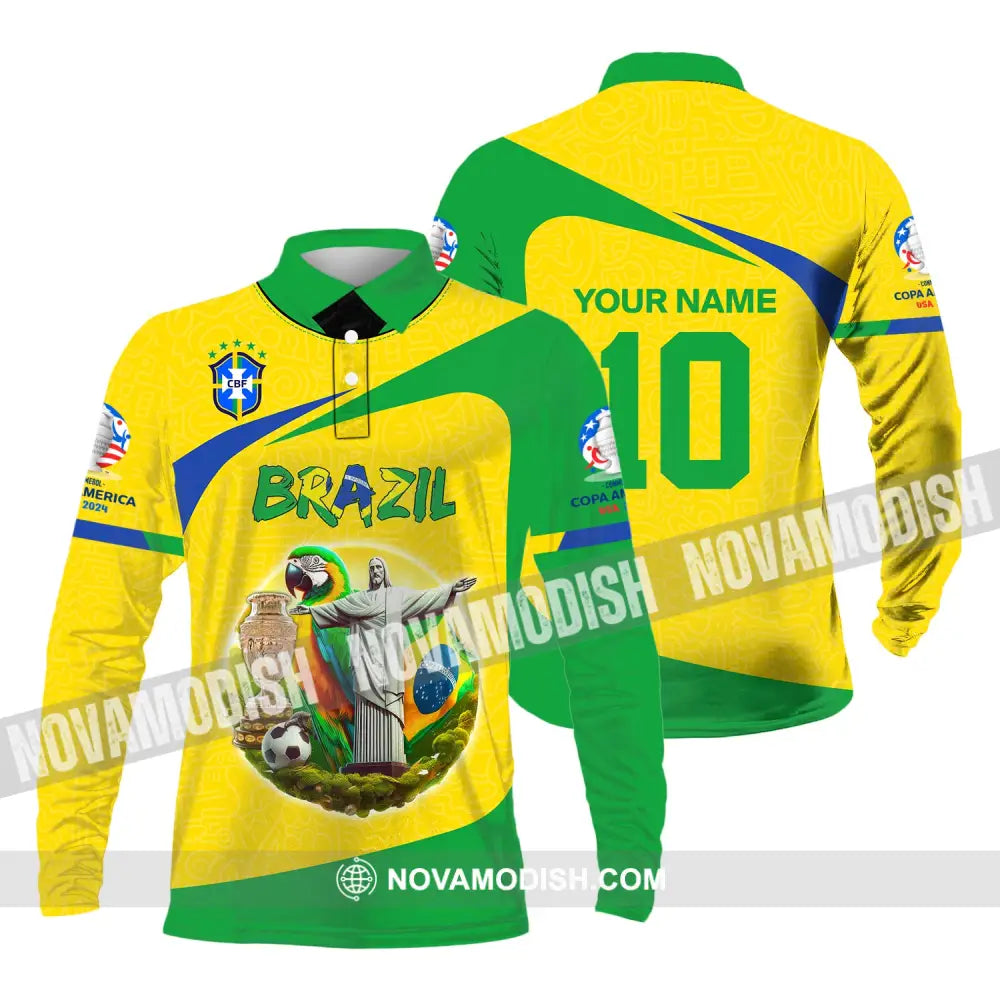 Unisex Shirt Custom Name And Number Brazil Football T-Shirt Copa 2024 Polo Long Sleeve / S