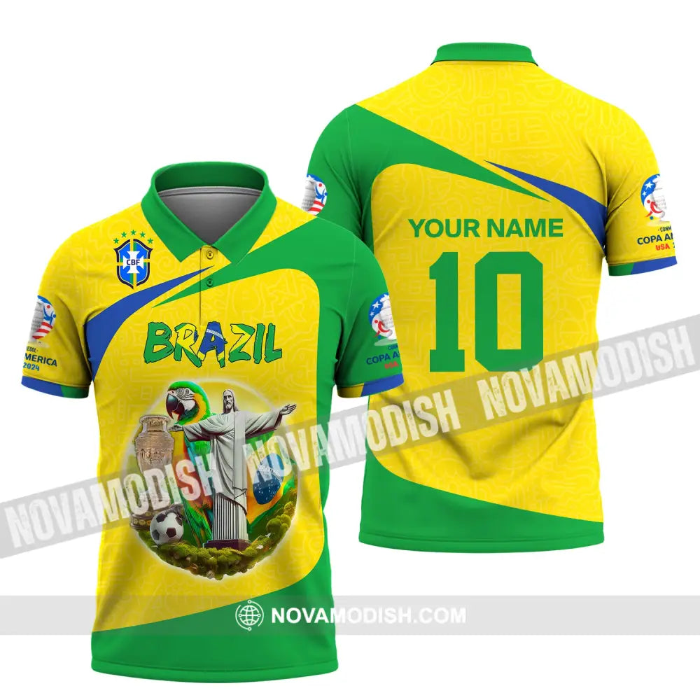 Unisex Shirt Custom Name And Number Brazil Football T-Shirt Copa 2024 Polo Long Sleeve / S