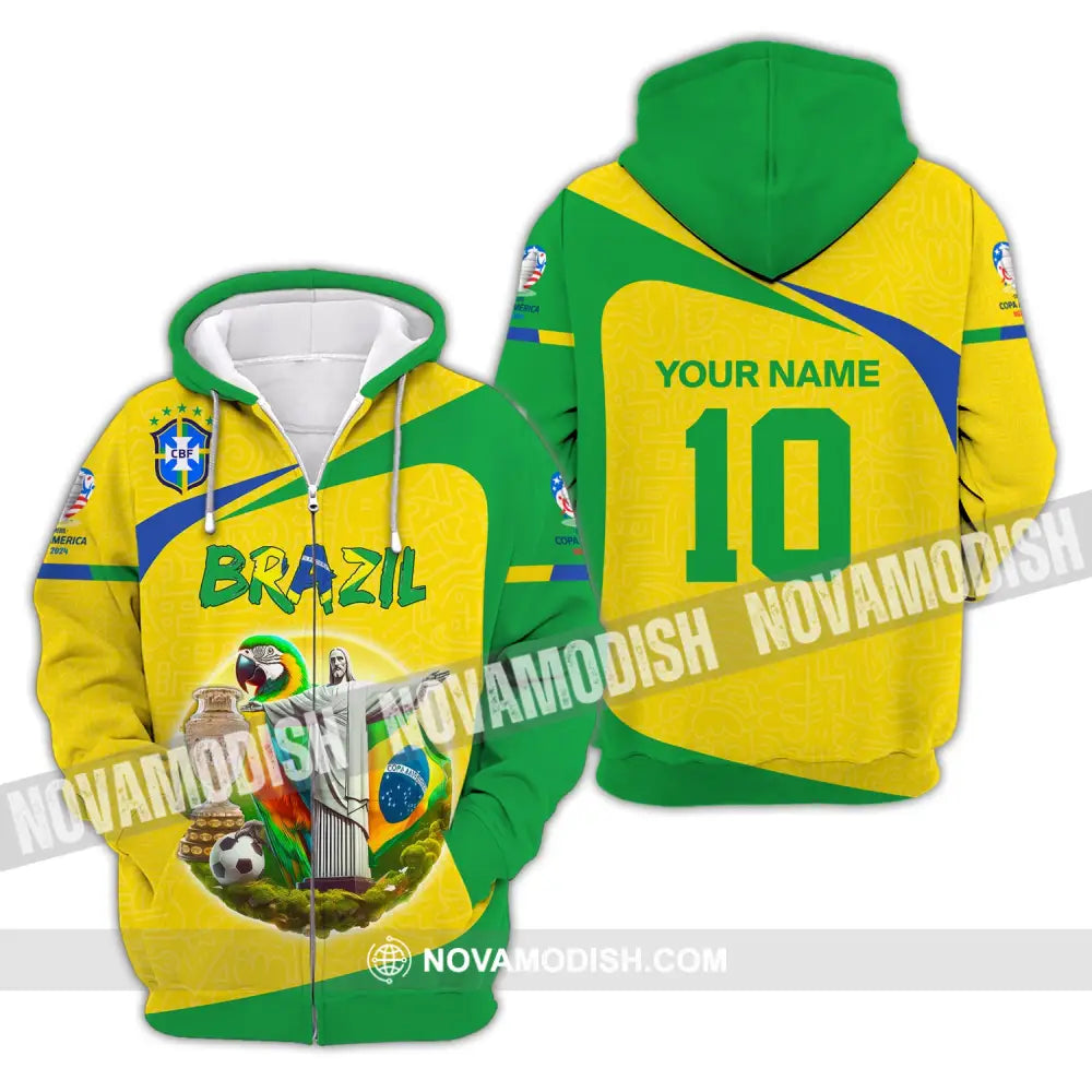 Unisex Shirt Custom Name And Number Brazil Football T-Shirt Copa 2024 Polo Long Sleeve Zipper