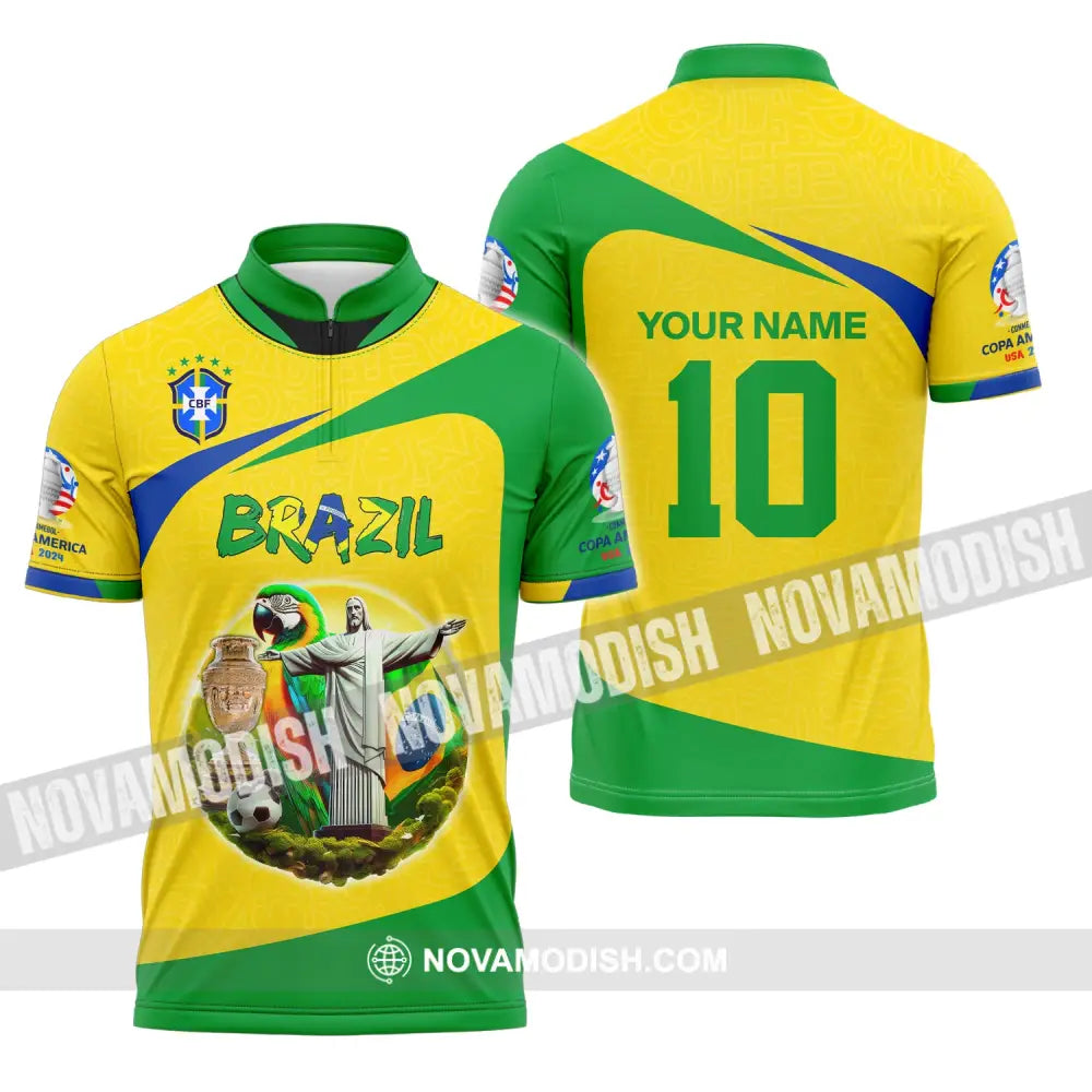 Unisex Shirt Custom Name And Number Brazil Football T-Shirt Copa 2024 Polo Long Sleeve Zipper / S