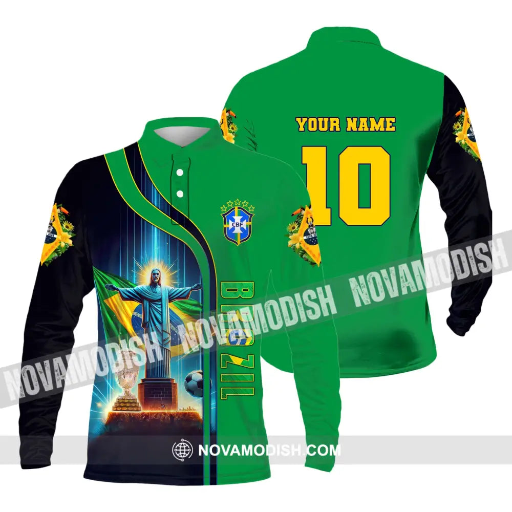 Unisex Shirt Custom Name And Number Brazil Football T-Shirt Euro 2024 Polo Long Sleeve / S