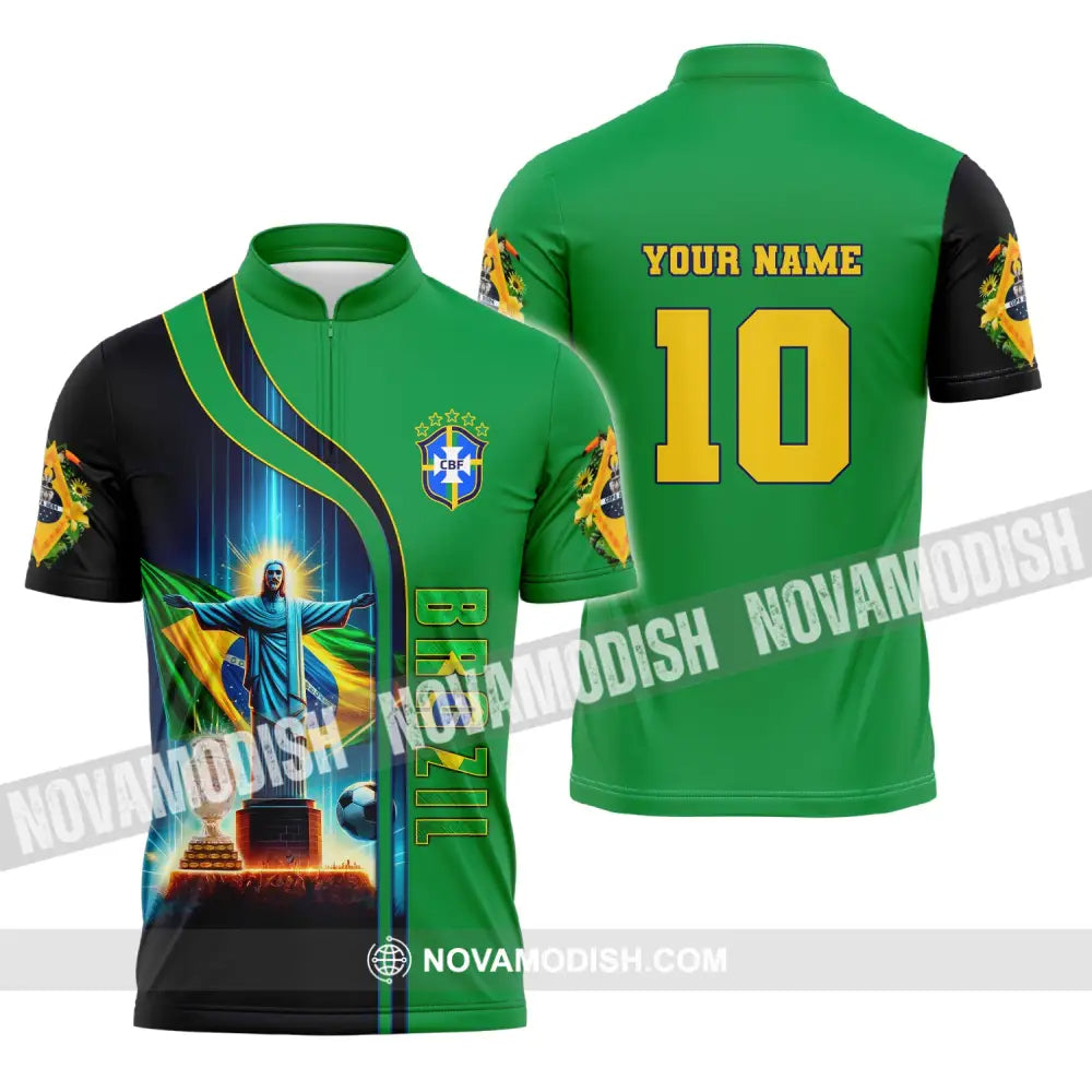 Unisex Shirt Custom Name And Number Brazil Football T-Shirt Euro 2024 Polo Long Sleeve Zipper / S