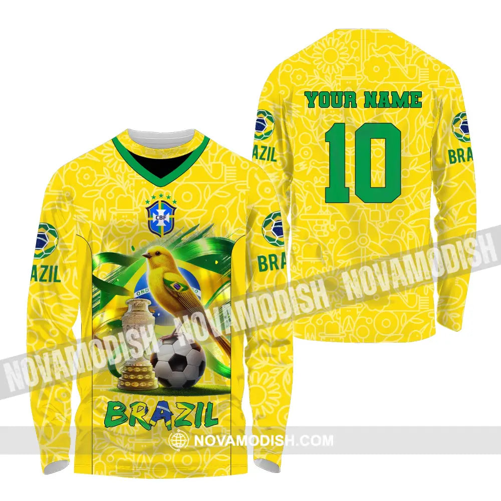 Unisex Shirt Custom Name And Number Brazil Football T-Shirt Polo Long Sleeve / S