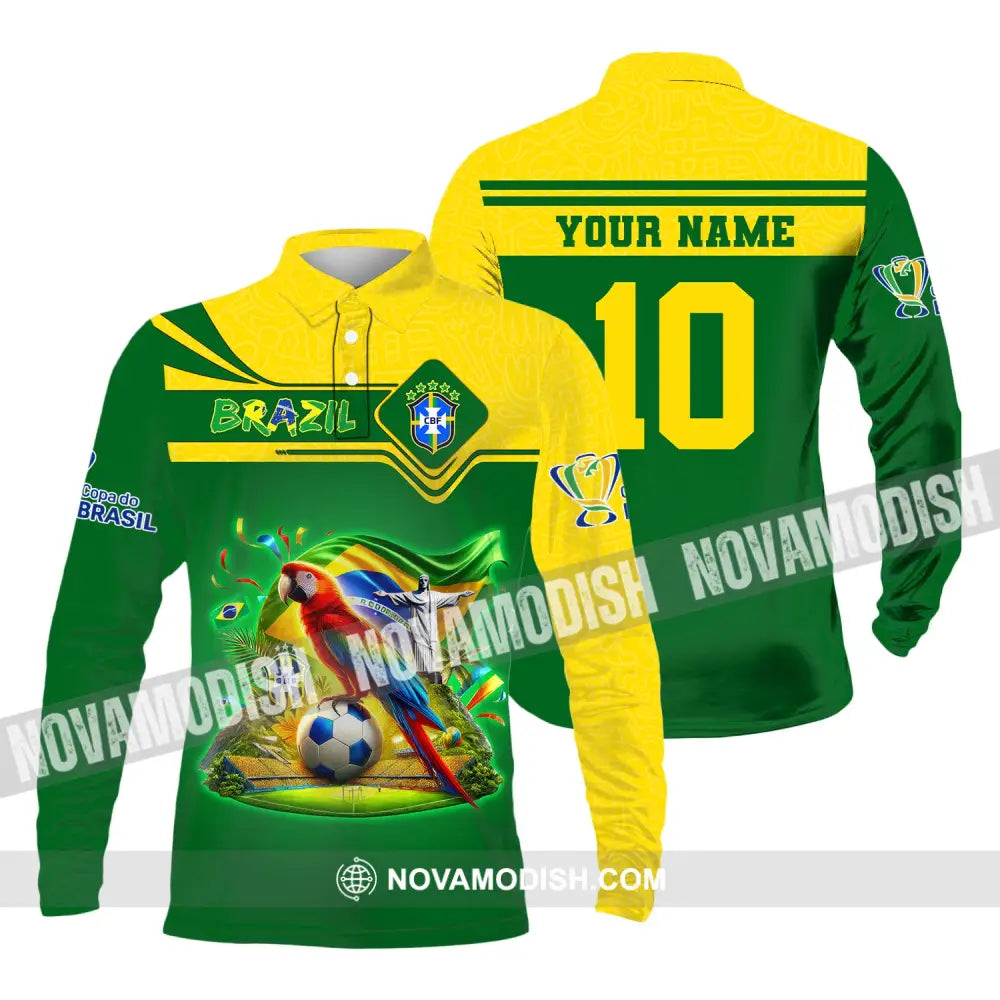 Unisex Shirt Custom Name And Number Brazil Football T-Shirt Polo Long Sleeve / S