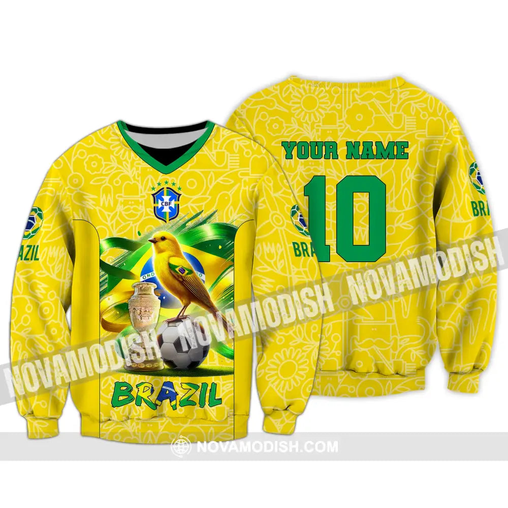 Unisex Shirt Custom Name And Number Brazil Football T-Shirt Polo Long Sleeve / S