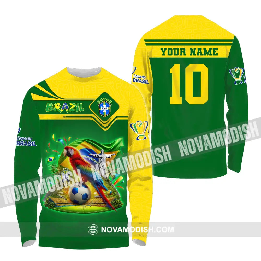 Unisex Shirt Custom Name And Number Brazil Football T-Shirt Polo Long Sleeve / S