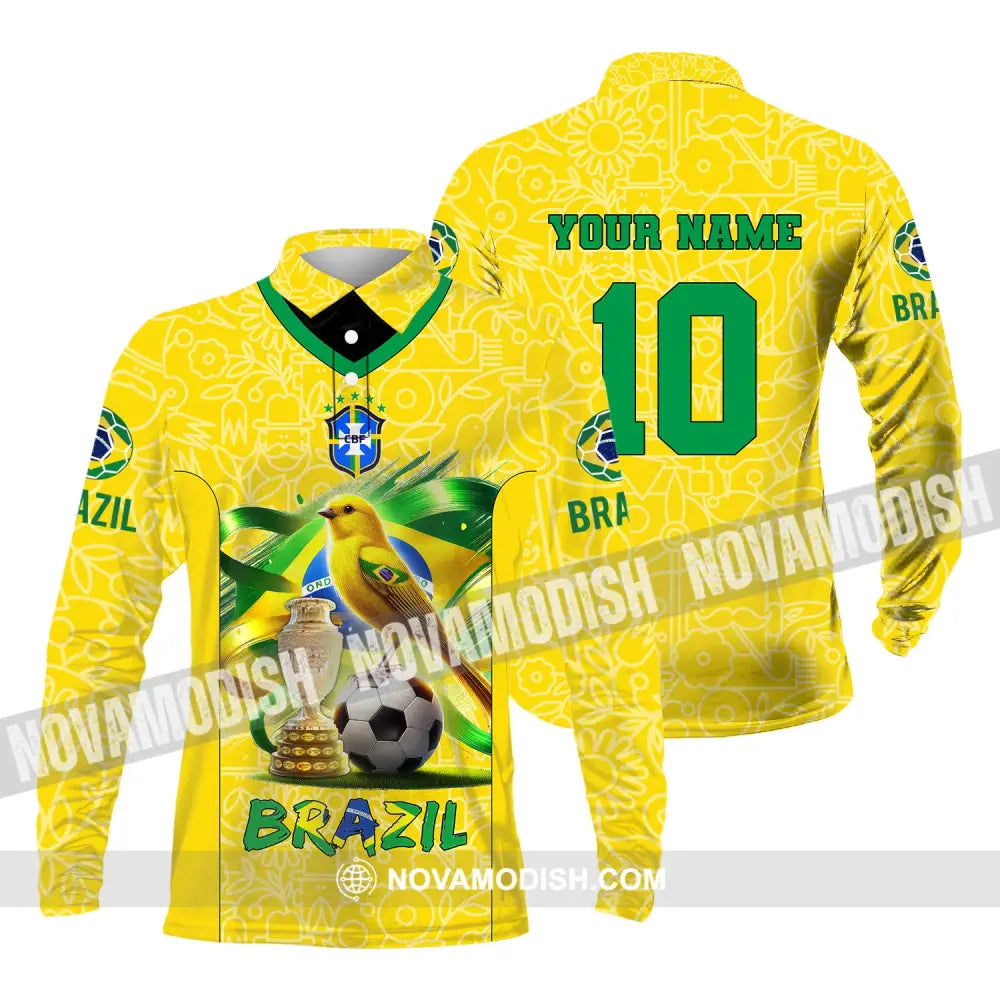 Unisex Shirt Custom Name And Number Brazil Football T-Shirt Polo Long Sleeve / S