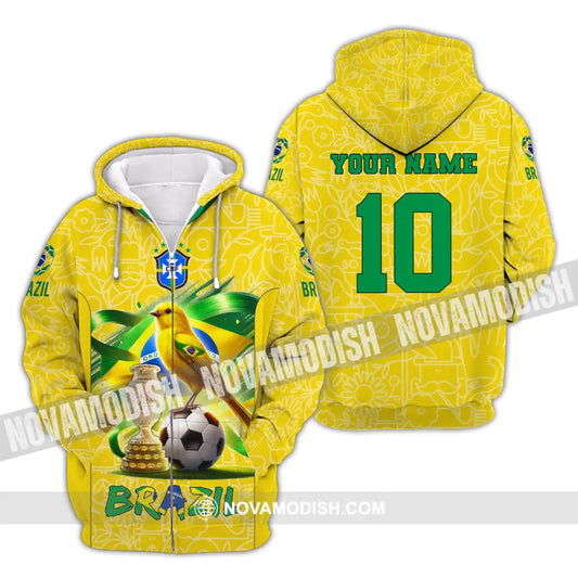 Unisex Shirt Custom Name And Number Brazil Football T-Shirt Polo Long Sleeve Zipper Hoodie / S