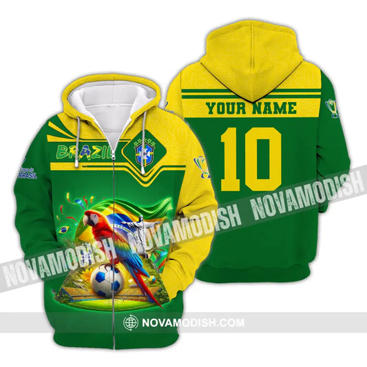 Unisex Shirt Custom Name And Number Brazil Football T-Shirt Polo Long Sleeve Zipper Hoodie / S