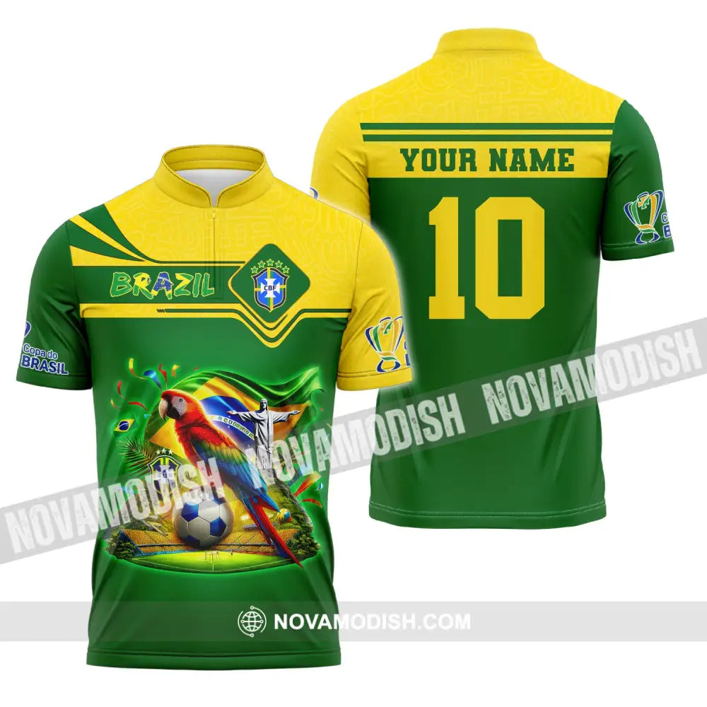 Unisex Shirt Custom Name And Number Brazil Football T-Shirt Polo Long Sleeve Zipper / S