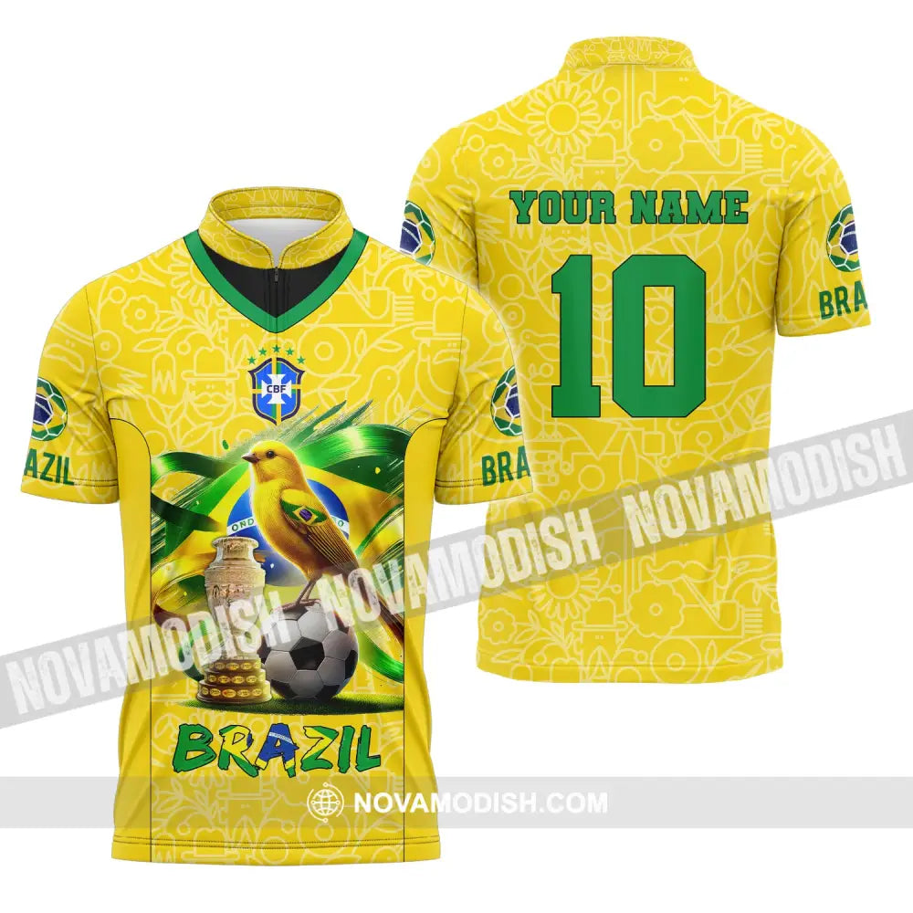 Unisex Shirt Custom Name And Number Brazil Football T-Shirt Polo Long Sleeve Zipper / S