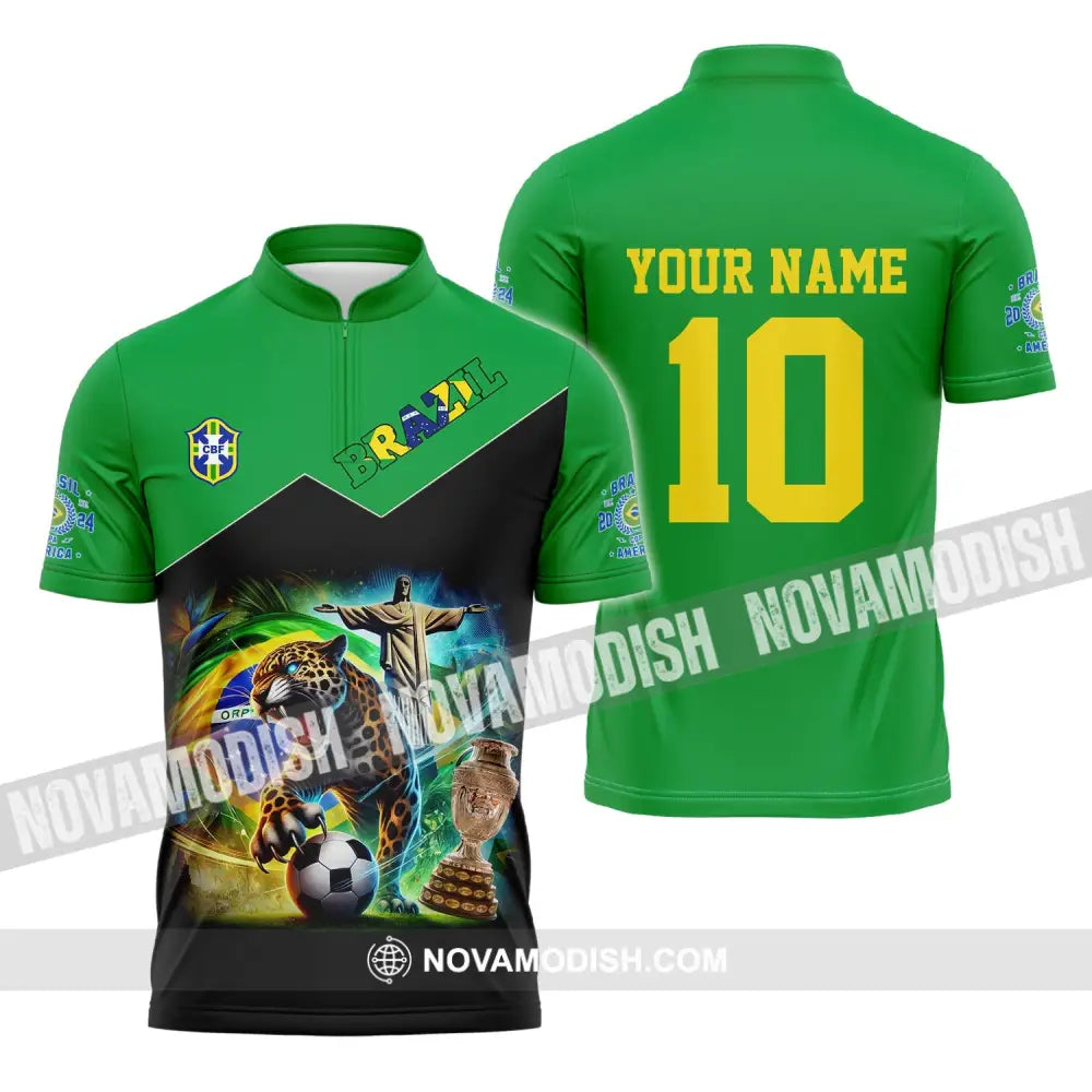 Unisex Shirt - Custom Name And Number Copa 2024 Sport Brazil Team Zipper Polo / S T-Shirt