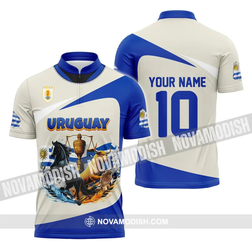 Unisex Shirt - Custom Name And Number Copa 2024 Sport Uruguay Flag Color Zipper Polo / S T-Shirt