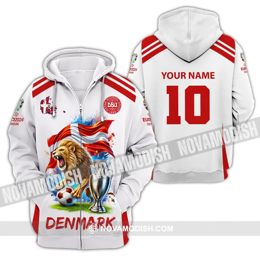 Unisex Shirt Custom Name And Number Denmark Football Euro 2024 Polo Long Sleeve Zipper Hoodie / S