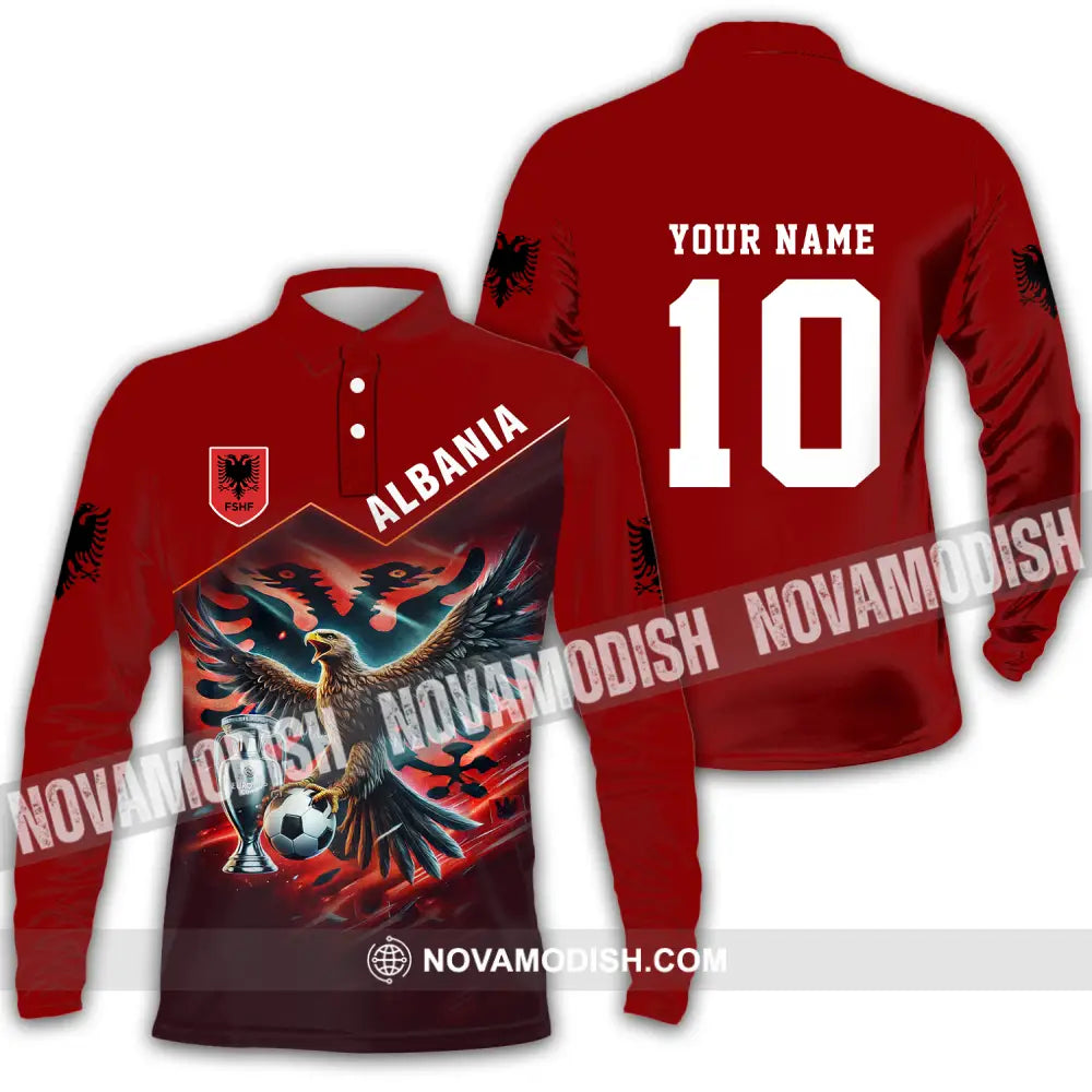 Unisex Shirt - Custom Name And Number Eagle Albania Euro 2024 Team Long Sleeve Polo / S T-Shirt