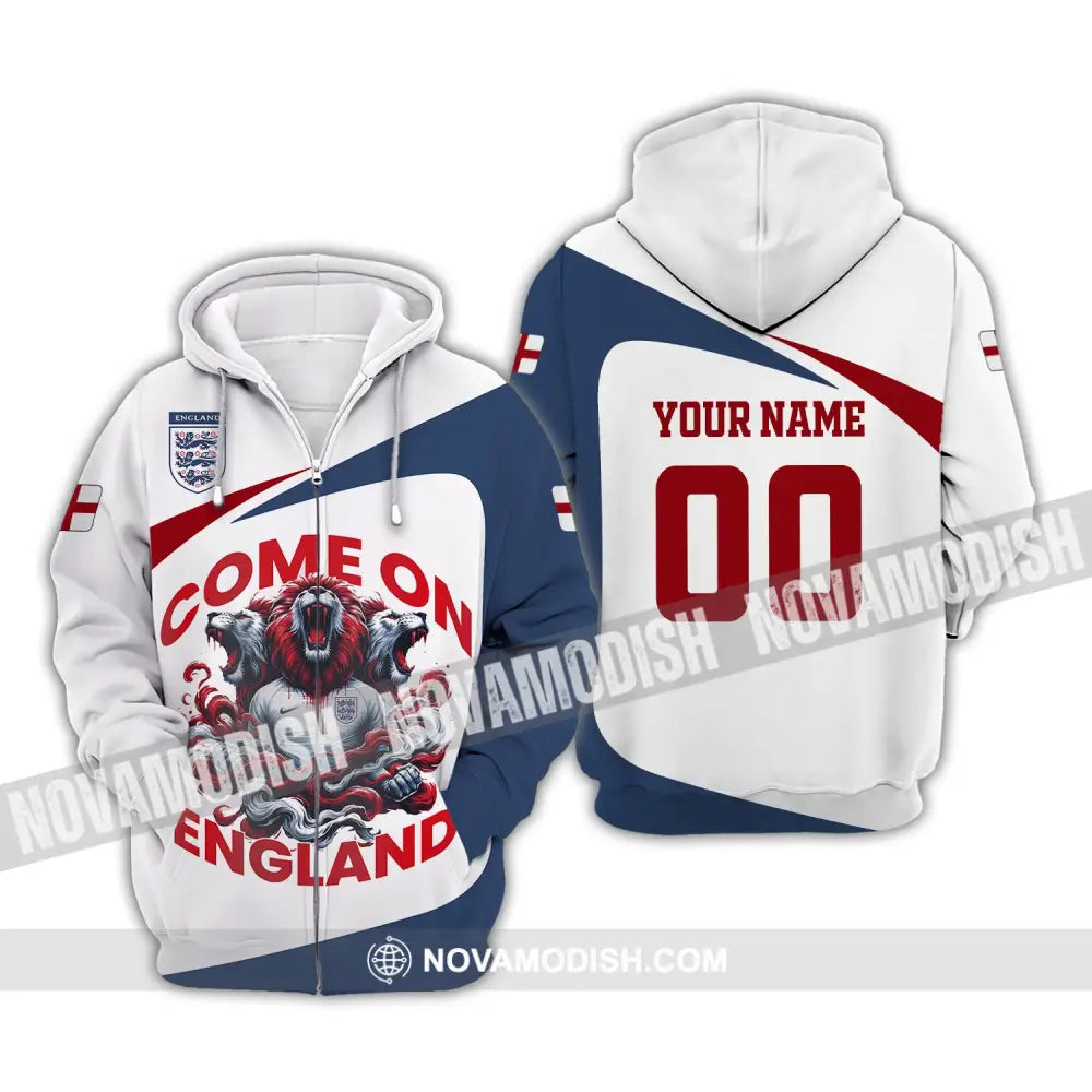 Unisex Shirt Custom Name And Number England Football Come On Polo Long Sleeve Zipper Hoodie / S