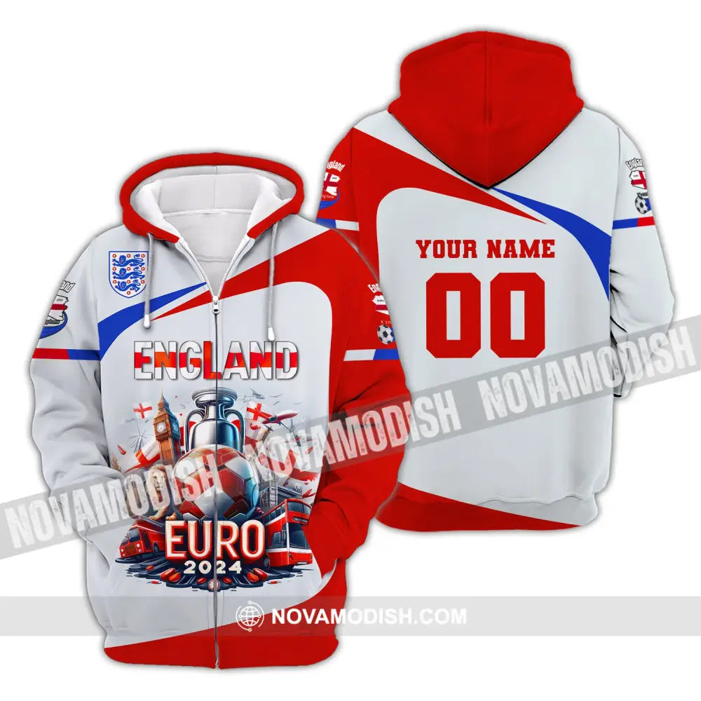 Unisex Shirt Custom Name And Number England Football Polo Long Sleeve Euro 2024 Zipper Hoodie / S