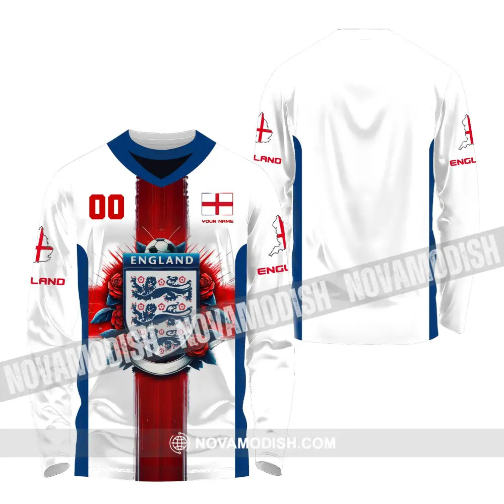 Unisex Shirt Custom Name And Number England Football Polo Long Sleeve Soccer Lover T-Shirt