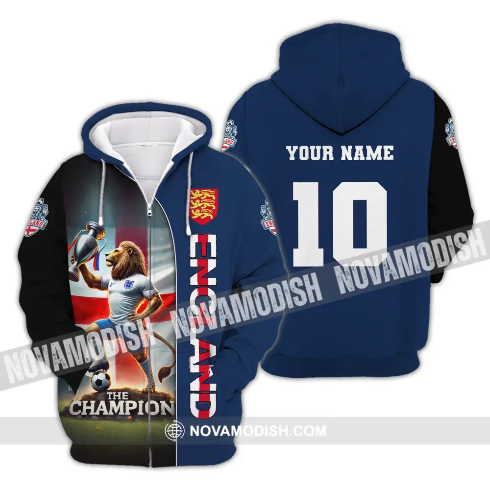 Unisex Shirt Custom Name And Number England Football Polo Long Sleeve Soccer Lover Zipper Hoodie /