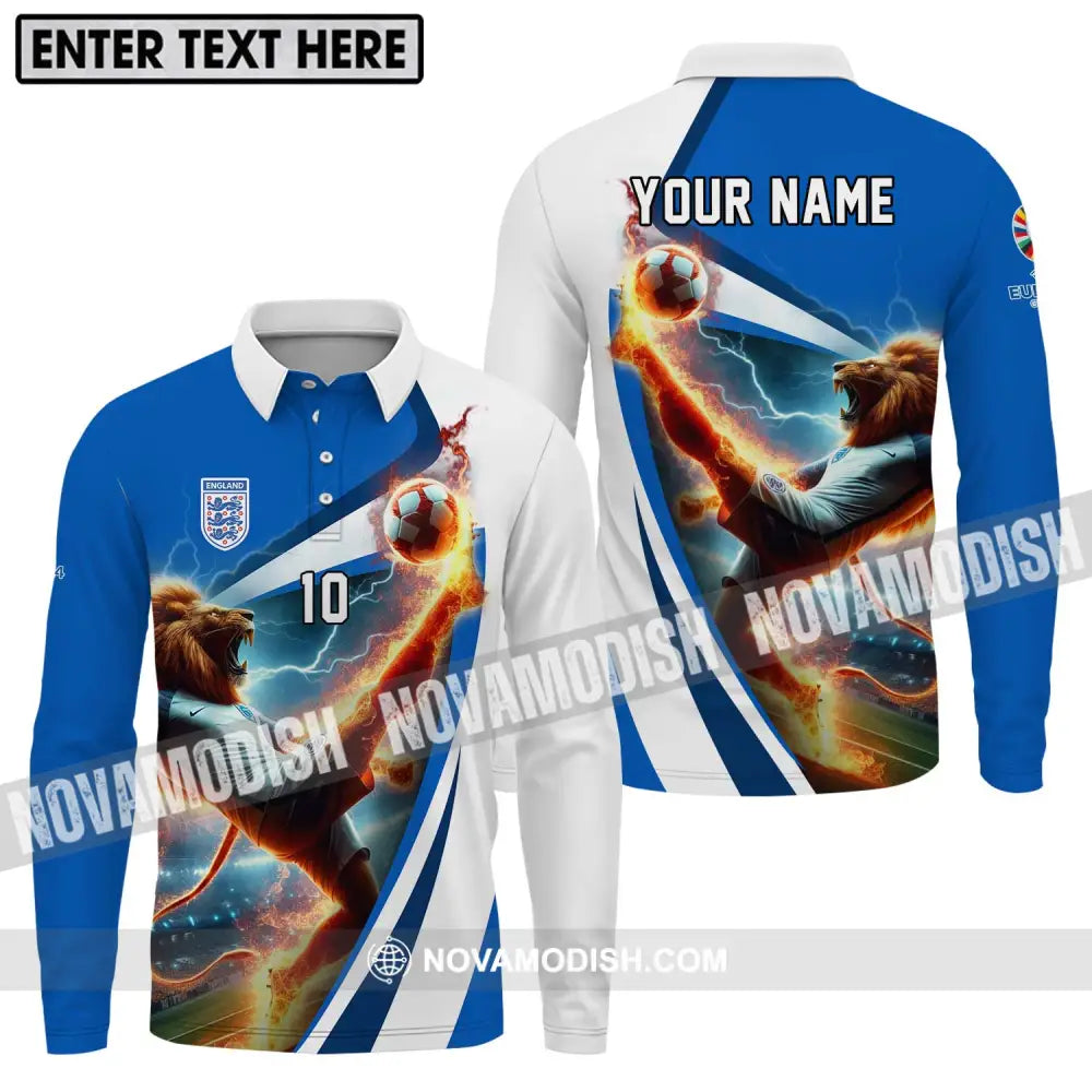 Unisex Shirt - Custom Name And Number England Lion Playing Fire Ball Shirt Long Sleeve Polo / S T-shirt