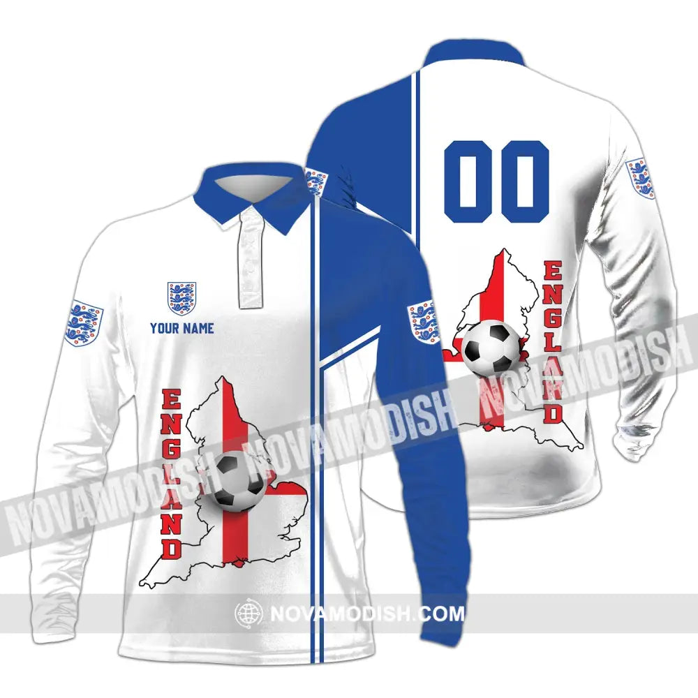 Unisex Shirt - Custom Name And Number Shirt England Map Ball Shirt Euro 2024 Long Sleeve Polo / S T-shirt