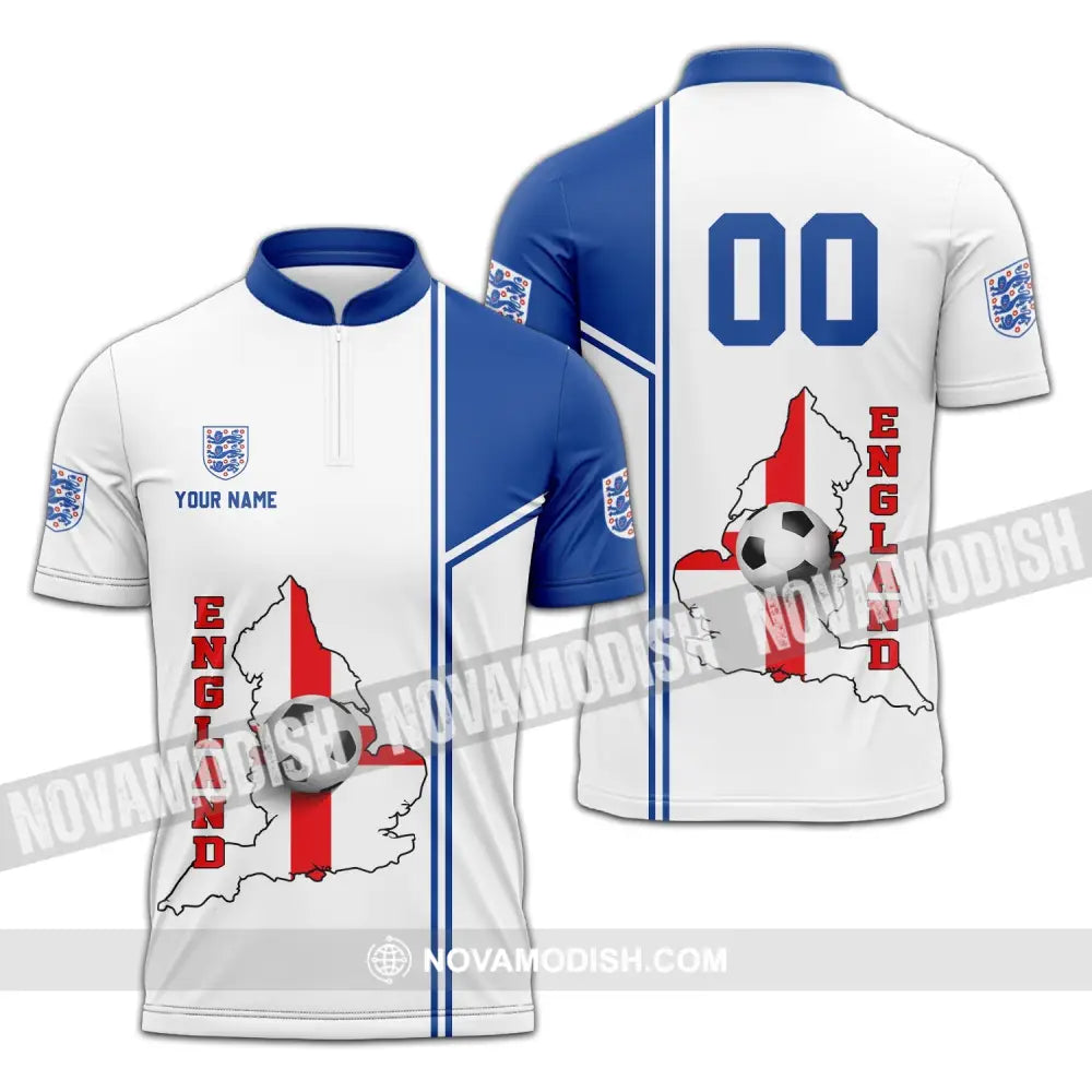 Unisex Shirt - Custom Name And Number Shirt England Map Ball Shirt Euro 2024 Zipper Polo Shirt / S T-shirt