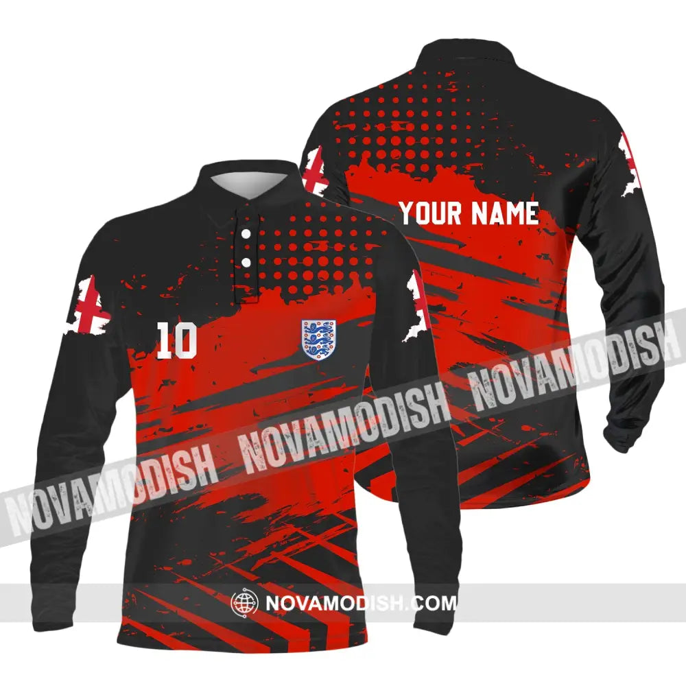 Unisex Shirt - Custom Name And Number Shirt England Team Lover Black Red Shirt Euro 2024 Long Sleeve Polo / S T-shirt