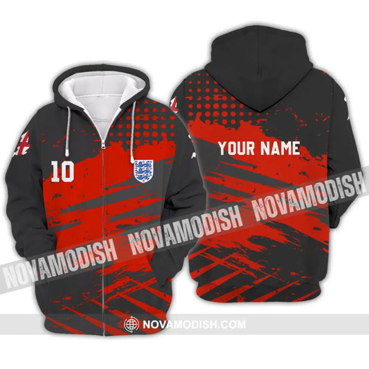 Unisex Shirt - Custom Name And Number Shirt England Team Lover Black Red Shirt Euro 2024 Zipper Hoodie / S T-shirt