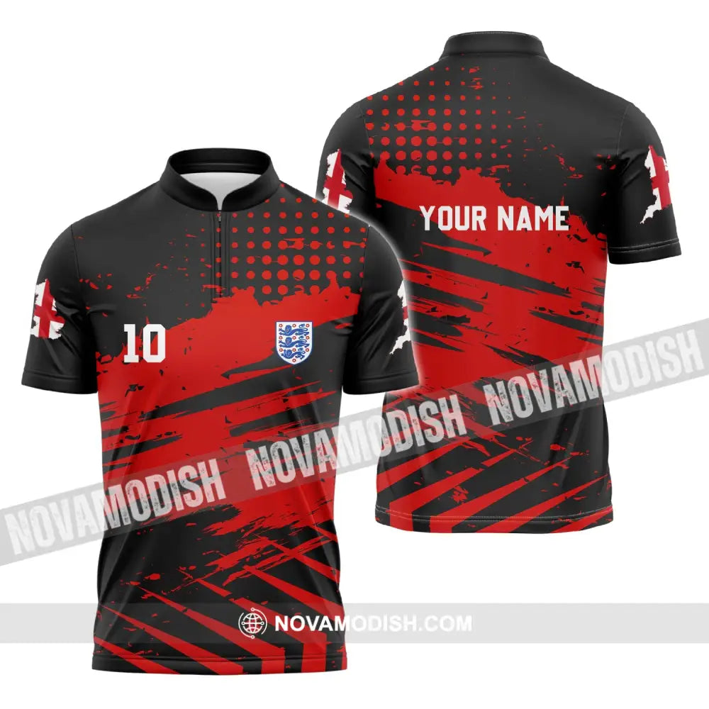 Unisex Shirt - Custom Name And Number Shirt England Team Lover Black Red Shirt Euro 2024 Zipper Polo Shirt / S T-shirt