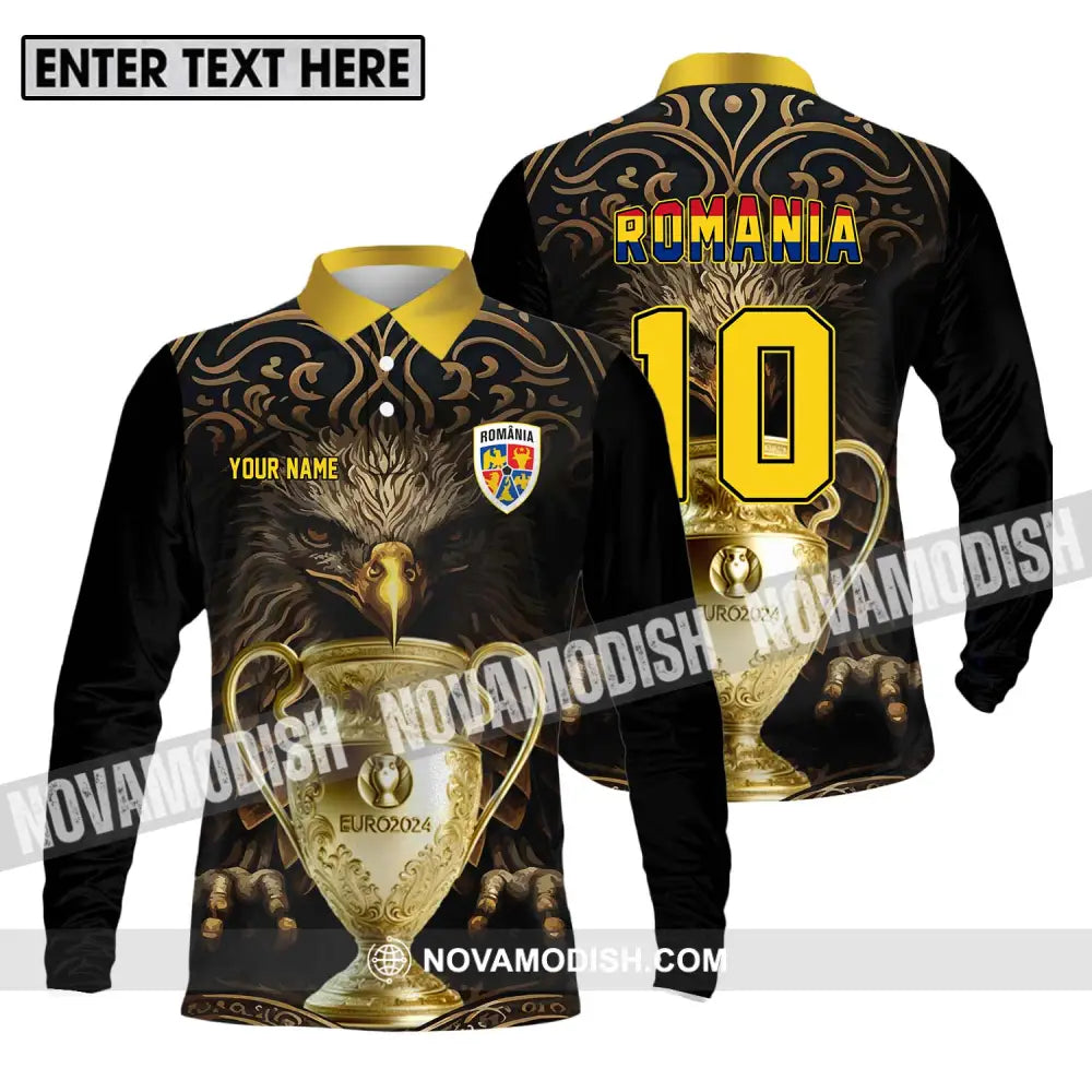 Unisex Shirt - Custom Name And Number Euro 2024 Cup Shirt Romania Team Long Sleeve Polo / S T-shirt