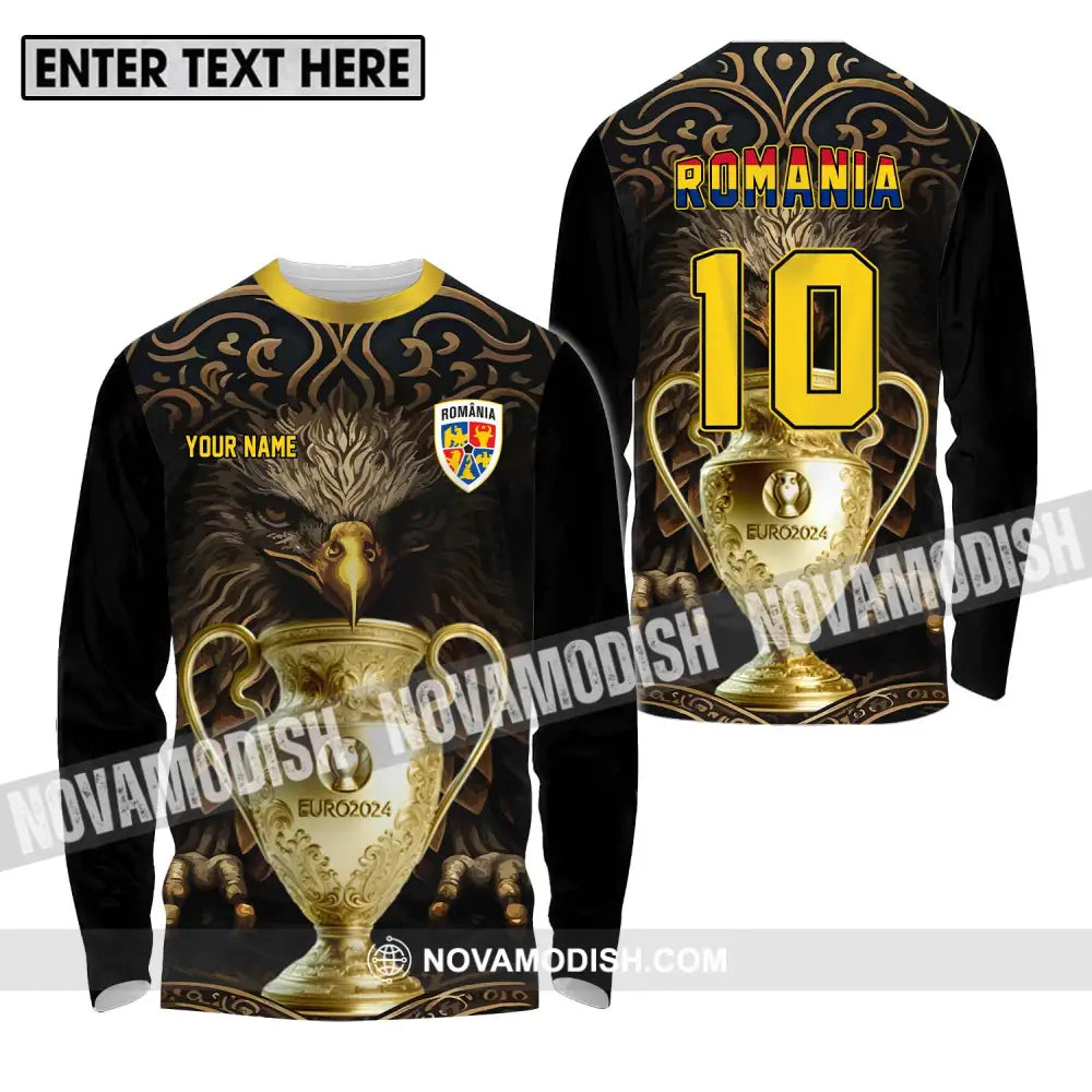 Unisex Shirt - Custom Name And Number Euro 2024 Cup Shirt Romania Team Long Sleeve Shirt / S T-shirt