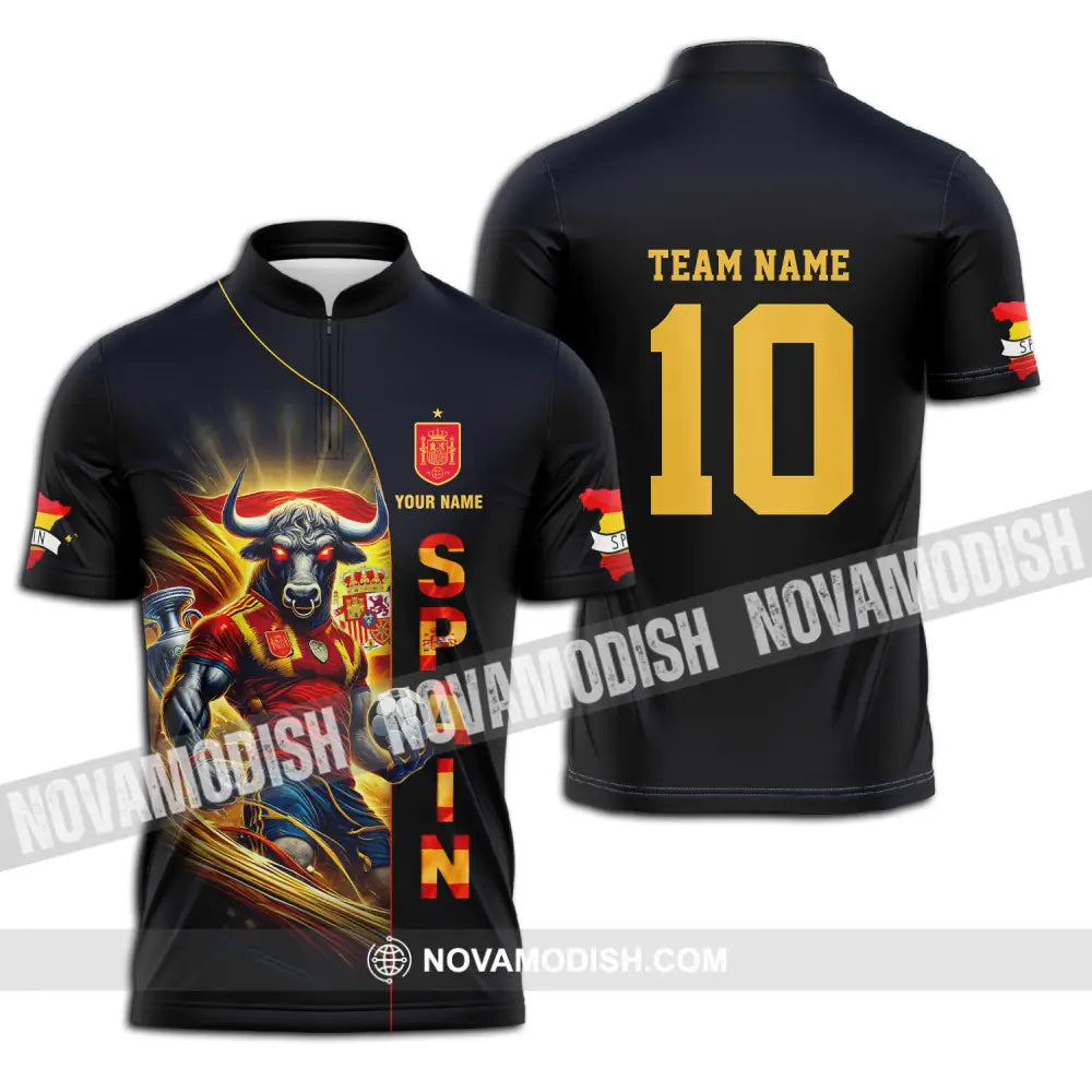 Unisex Shirt - Custom Name And Number Shirt Euro 2024 Cup Spain Team Zipper Polo Shirt / S T-shirt