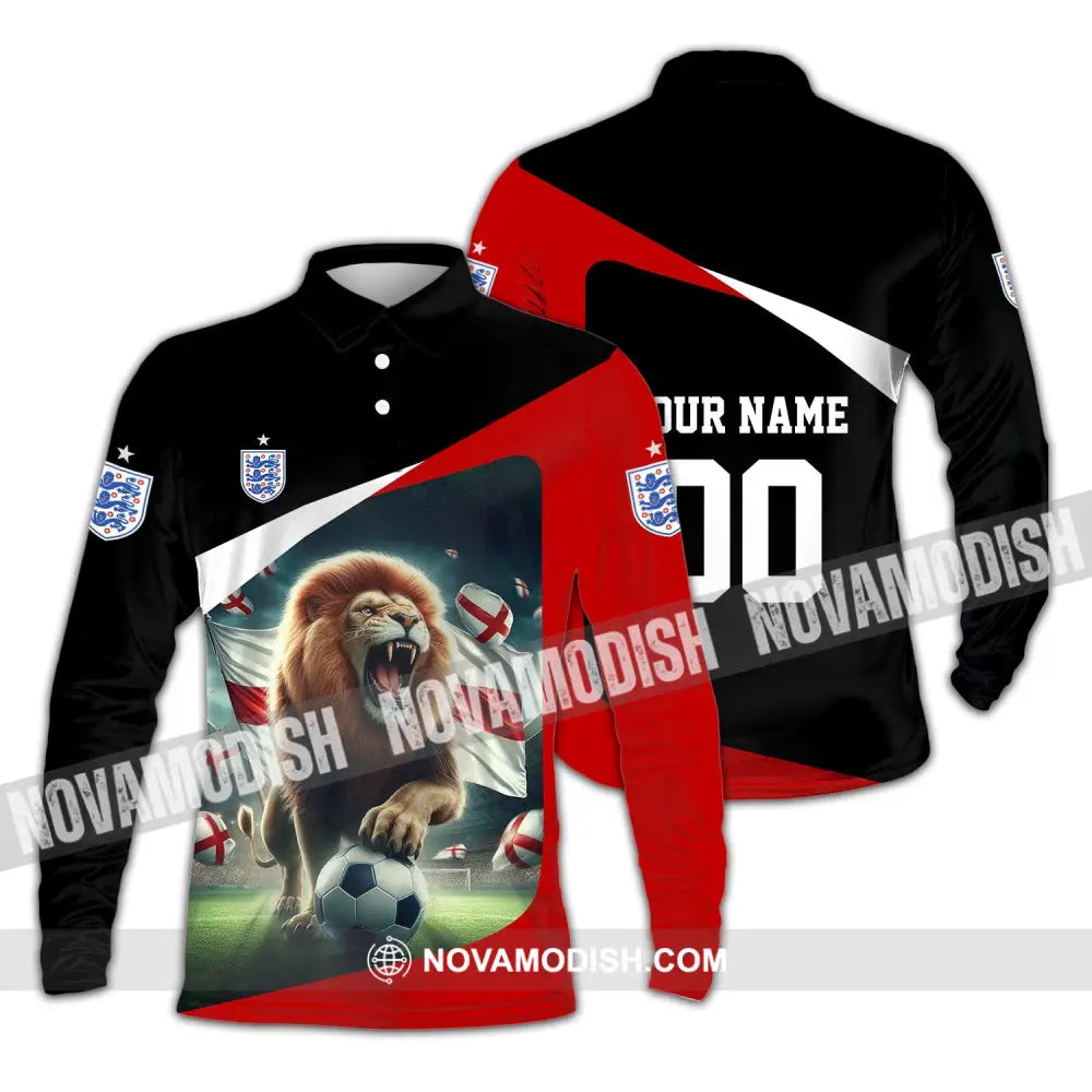 Unisex Shirt - Custom Name And Number Euro 2024 England Lion Line Shirt Long Sleeve Polo / S T-shirt
