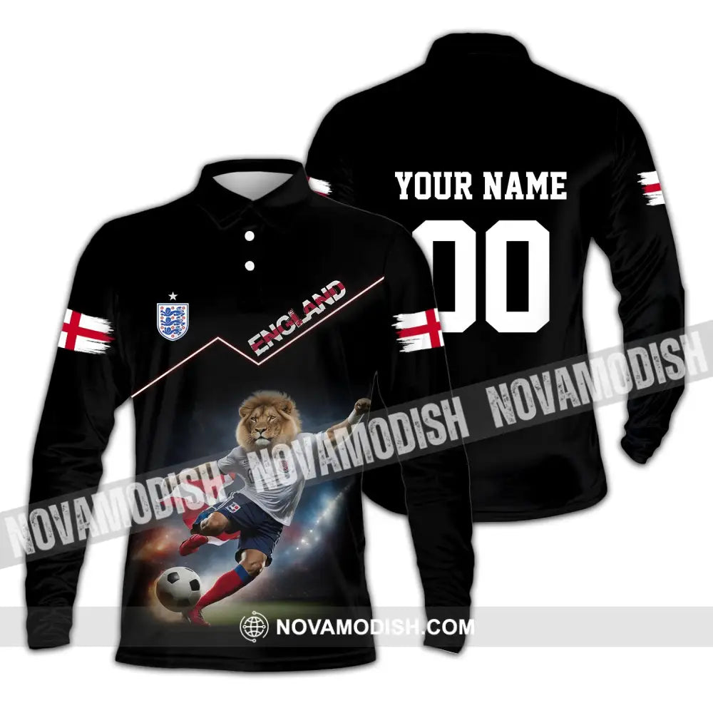 Unisex Shirt - Custom Name And Number Euro 2024 England Lion Shirt Long Sleeve Polo / S T-shirt