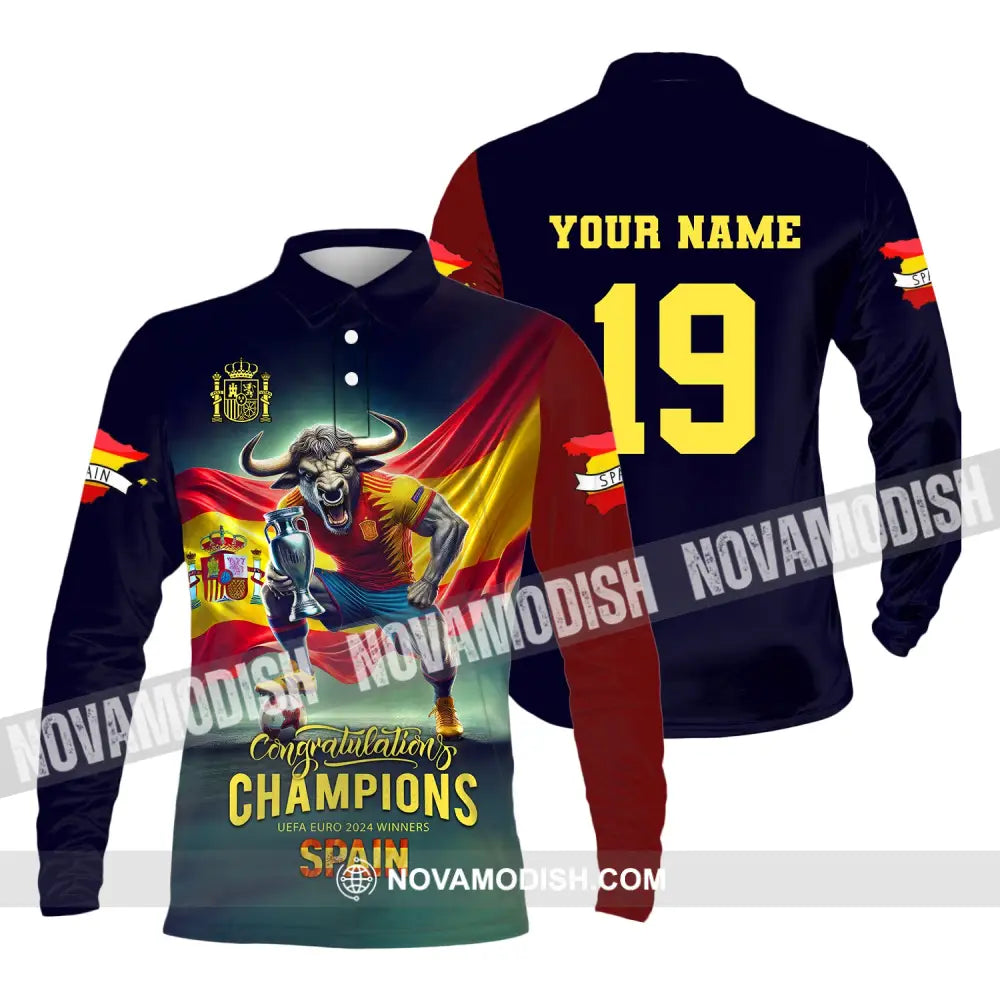 Unisex Shirt Custom Name And Number Euro 2024 Football Spain Polo Hoodie Long Sleeve / S T-Shirt