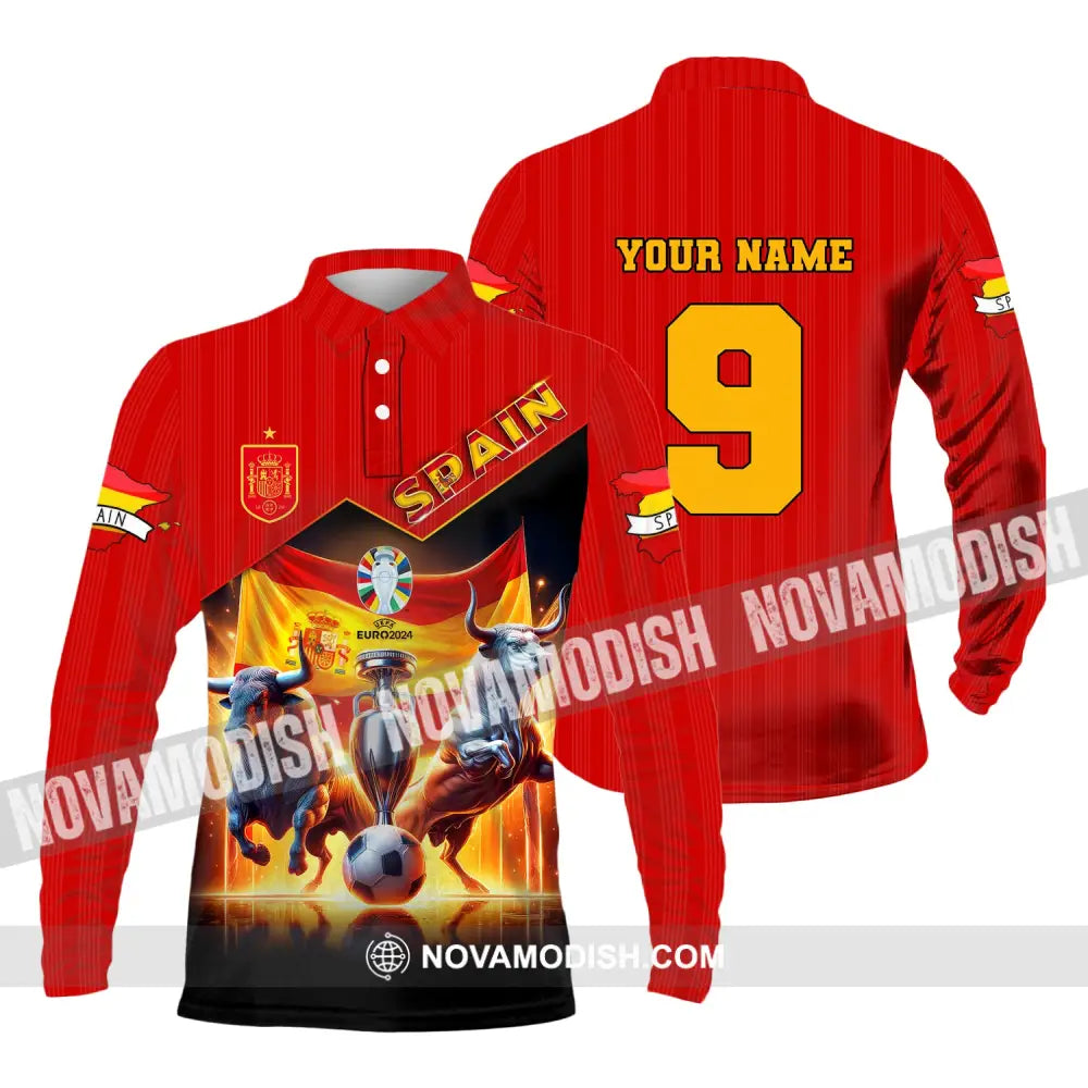 Unisex Shirt Custom Name And Number Euro 2024 Football Spain Polo Hoodie Long Sleeve / S T-Shirt