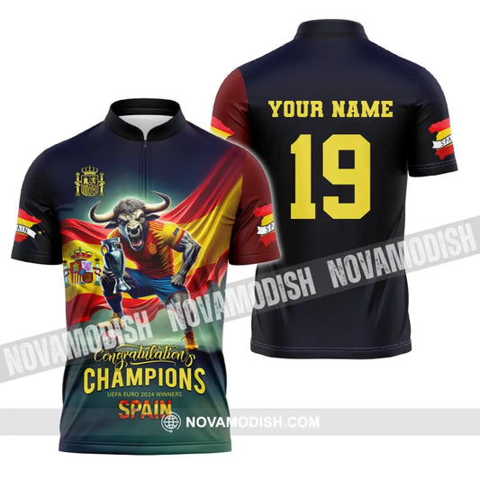 Unisex Shirt Custom Name And Number Euro 2024 Football Spain Polo Hoodie Long Sleeve T-Shirt / S