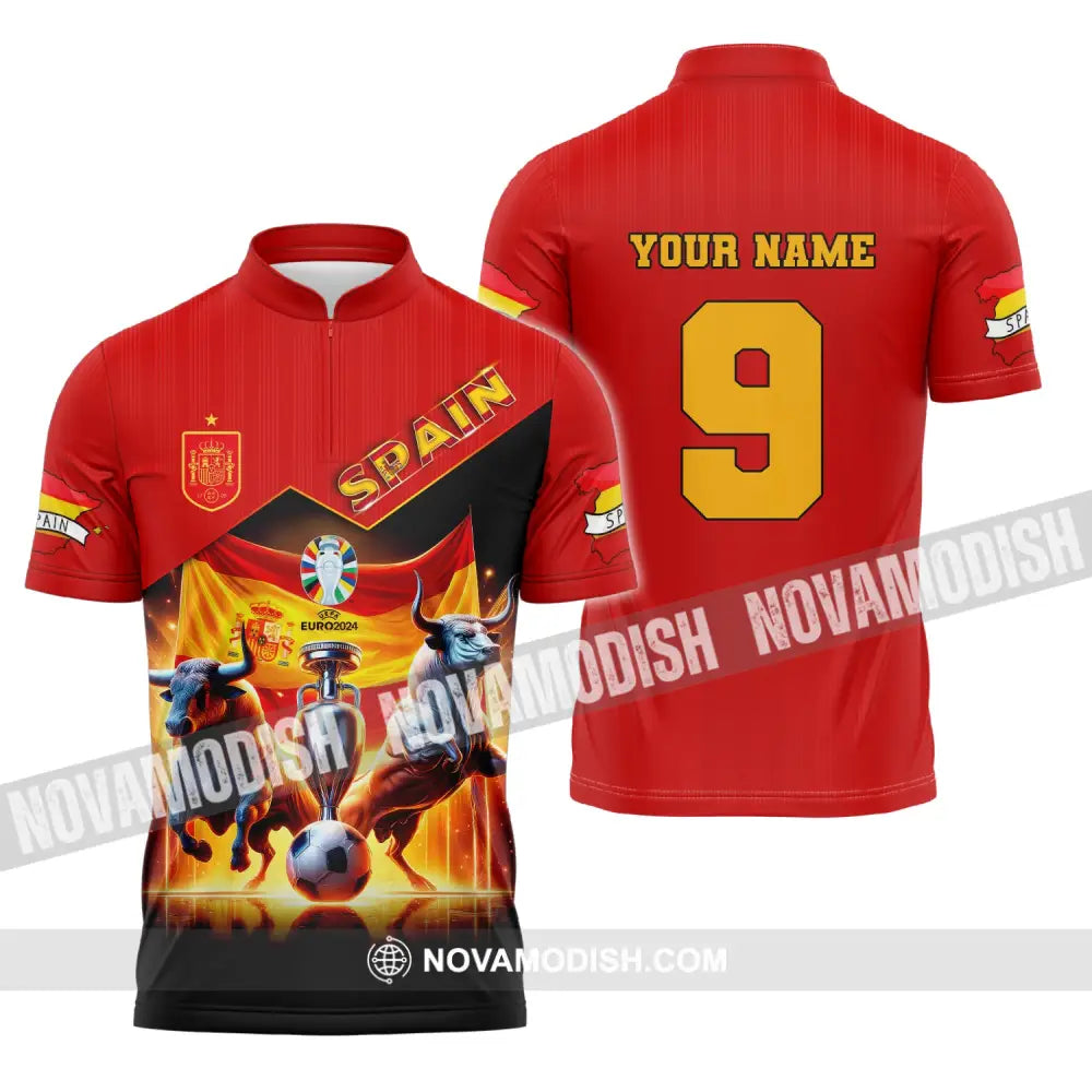 Unisex Shirt Custom Name And Number Euro 2024 Football Spain Polo Hoodie Long Sleeve Zipper / S