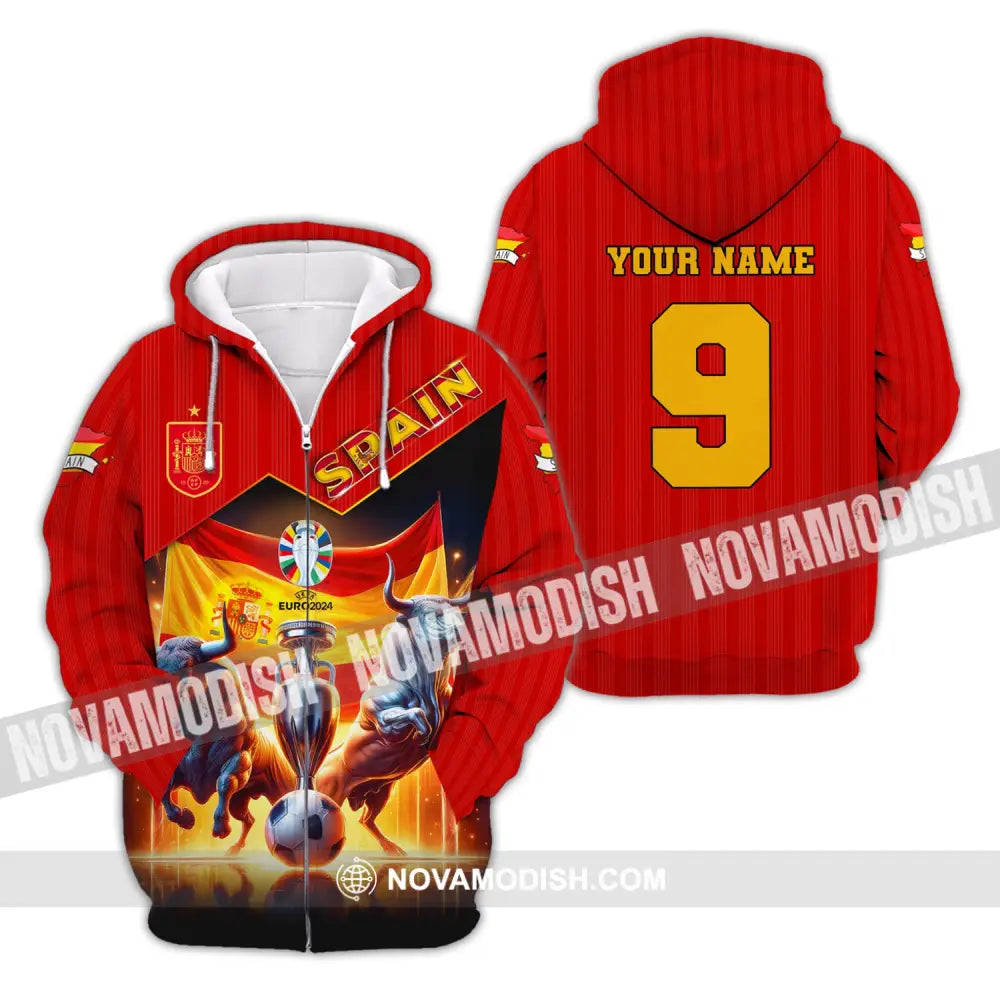 Unisex Shirt Custom Name And Number Euro 2024 Football Spain Polo Hoodie Long Sleeve Zipper / S