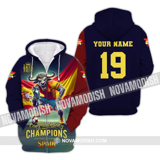 Unisex Shirt Custom Name And Number Euro 2024 Football Spain Polo Hoodie Long Sleeve Zipper / S