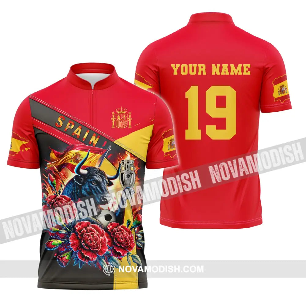 Unisex Shirt Custom Name And Number Euro 2024 Football Spain Polo Hoodie Long Sleeve Zipper / S