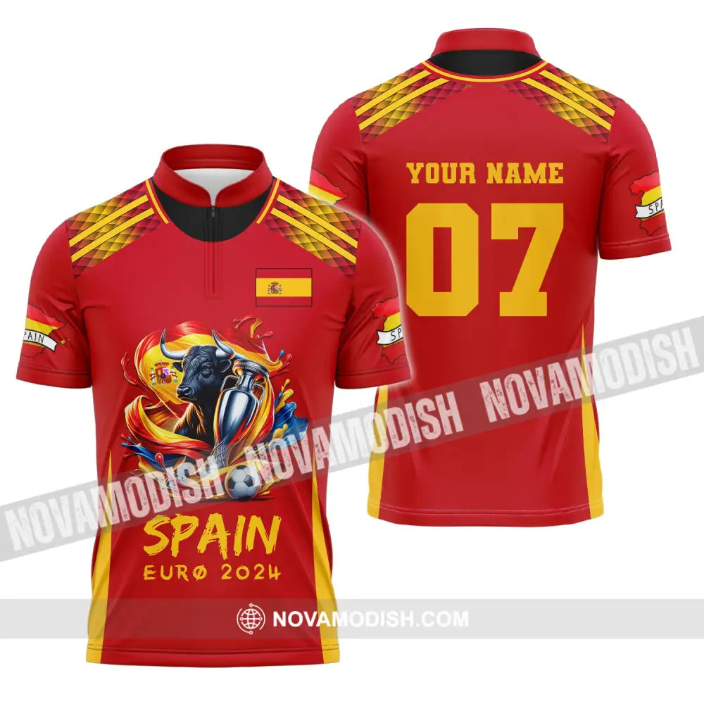 Unisex Shirt Custom Name And Number Euro 2024 Football Spain Polo Hoodie Long Sleeve Zipper / S