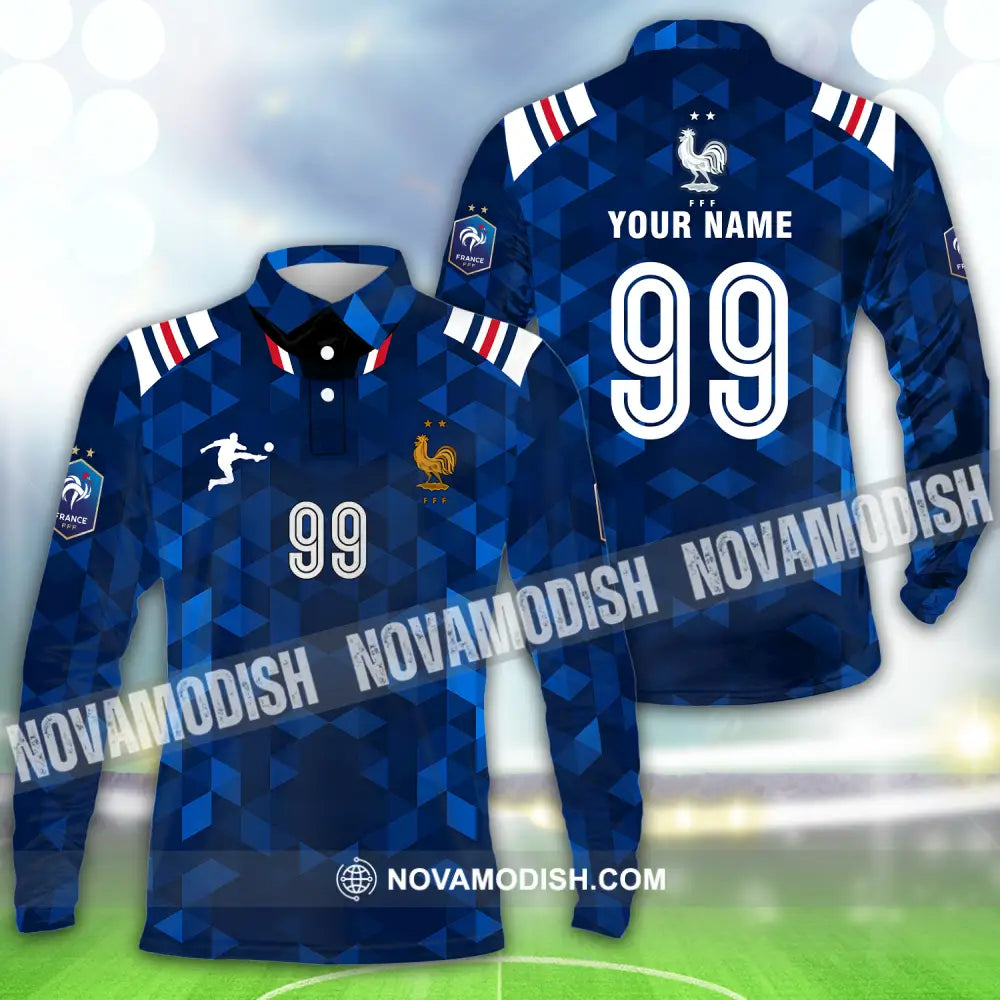Unisex Shirt - Custom Name And Number Shirt Euro 2024 France FFF National Team Blue Shirt Long Sleeve Polo / S T-shirt