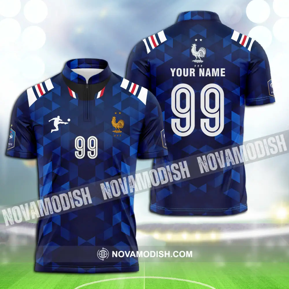 Unisex Shirt - Custom Name And Number Shirt Euro 2024 France FFF National Team Blue Shirt Zipper Polo Shirt / S T-shirt