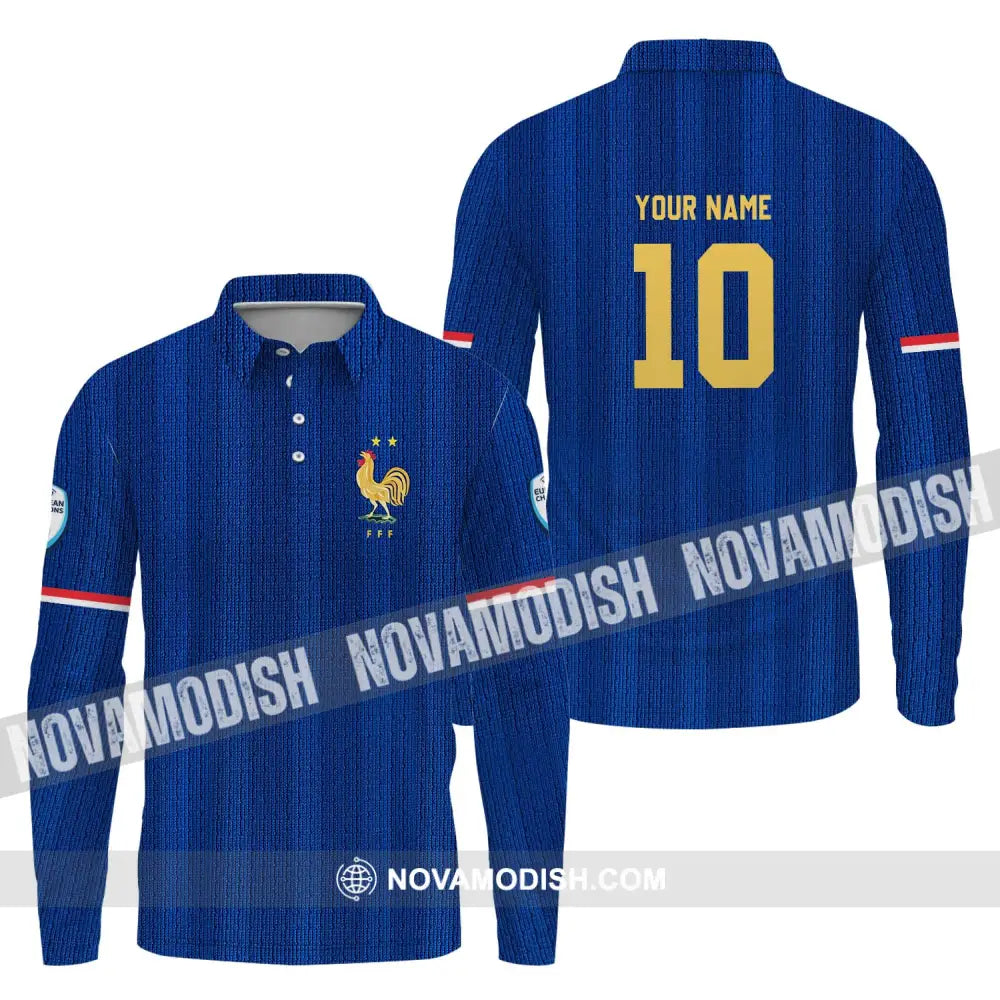 Unisex Shirt - Custom Name And Number Euro 2024 France National Team Blue Shirt Long Sleeve Polo / S T-shirt