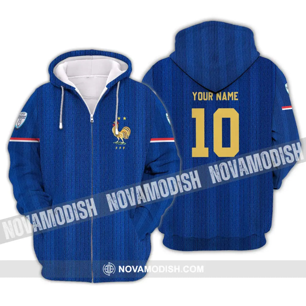 Unisex Shirt - Custom Name And Number Euro 2024 France National Team Blue Shirt Zipper Hoodie / S T-shirt
